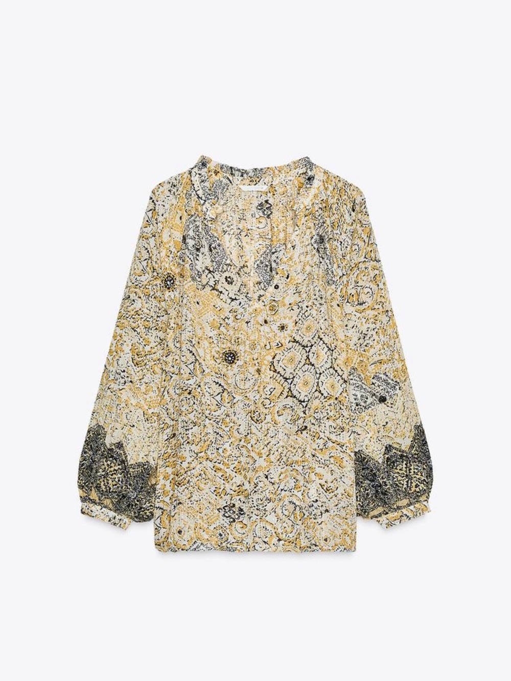 Zara Yellow Black Metallic Thead -Print V-Neck Blouse Tunic S